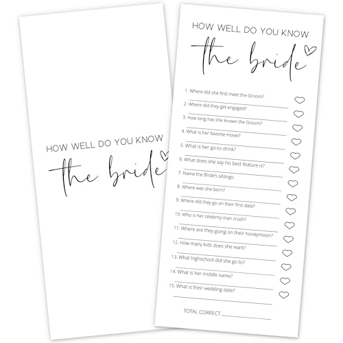 DTLGTG Bridal Shower Game Cards - How Well Do You Know The Bride for 25 Guests, Pre-Printed Double Sided 4x9 White Cards for Bachelorette & Wedding Shower Party