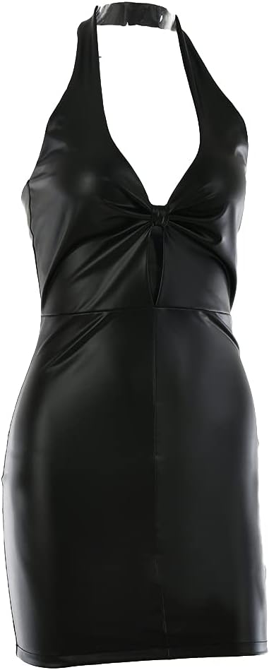 Riclena Women's Sexy Halter Deep V Neck Keyhole PU Leather Mini Bodycon Dress - Image 5