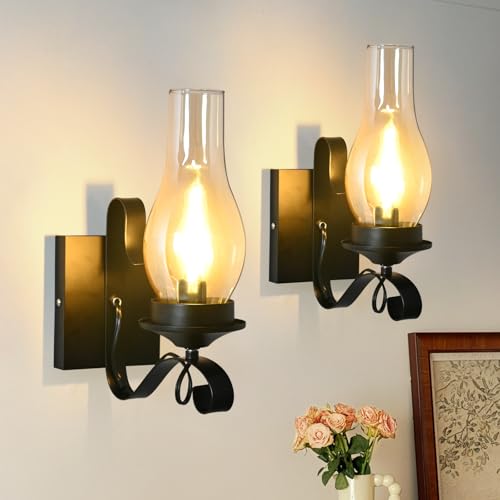 TIGKHAE Rustic Wall Sconces Sets of 2, Black Hardwired Farmhouse