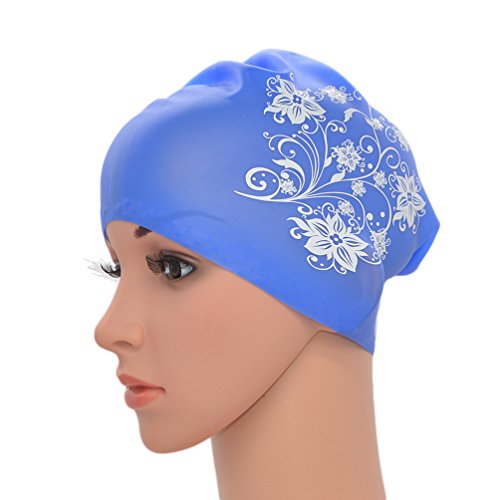 Medifier Mujeres señoras con estampado de flores de silicona elástica para piscina de agua, gorro de natación para orejas para adultos de pelo largo (azul) Cover