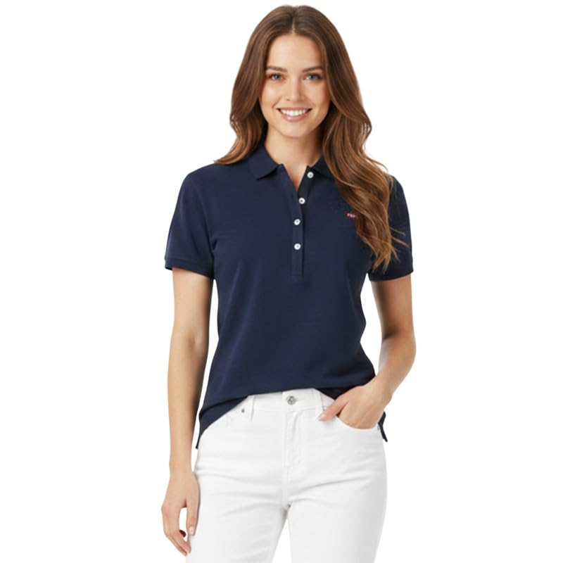 Geographical Norway Polo Donna Krystaline Maglia Polo Cotone Manica Corta Collo Bottoni Stampa Bandiera Frontale Elegante Casual Traspirante Tempo Libero Donna