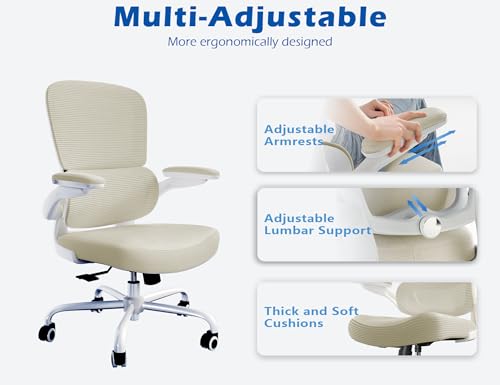 Image of TRALT Ergonomic Office Chair - Desk Chair with Adjustable Lumbar Support Computer Chair - Mesh Comfy Chair with Flip-up Armrests - Gaming Chairs for Adults Home Office (Leather, Beige)