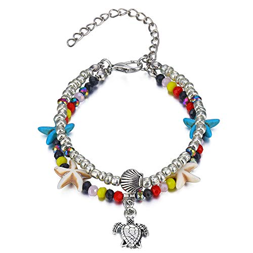 Image of Softones Blue Starfish Turtle Anklet Multilayer Charm Beads Sea Handmade Boho Anklet Foot Jewelry for Women