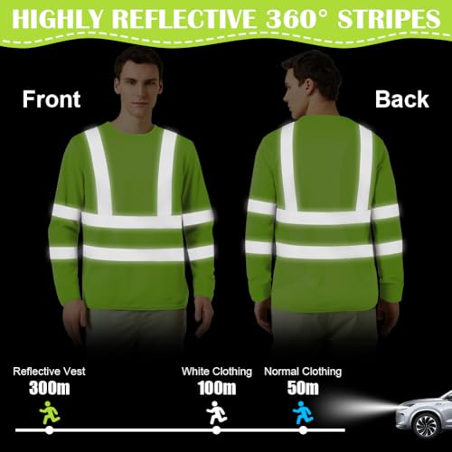 BSBUY Profi Warnschutz T-Shirt Warnkleidung Herbst/Winter Langarmshirts Hohe Sichtbarkeit Arbeitsshirt Warnshirt Reflektierend Arbeitshemd Hochsichtbares Top Warnschutz Tshirt Fluoreszierendes Gelb L
