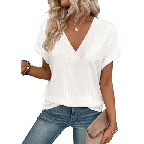 KKJ Womens Tops V Neck Textured Short Sleeve T Shirts Loose Fit Casual Cute Tops 2025 Spring Summer Fashion Trendy Clothes White Cover
