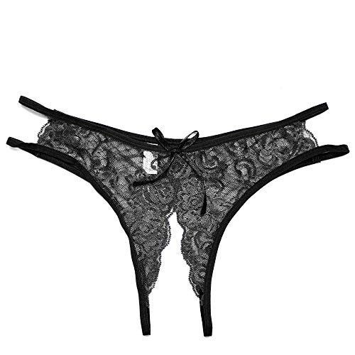 下着 セクシー 穴あきショーツ Tバック パンツ レース アンダーウェア 紐 フリーサイズ パンティー ランジェリー 紐パン 透け (ブラック) Free Size - 画像1