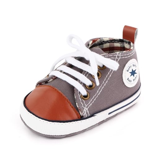 Image of Unisex Baby Boys Girls Shoes, Newborn Infant Non-Slip Canvas Denim High Top Sneakers, Toddler First Walkers Shoes