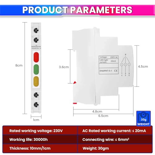 Image of amiciSense 3-Phase Indicator with Red, Green, and Yellow LED Lights - Only 1 cm Wide Reliable Phase Detection for 230VAC Systems, Din Rail Mount Panel Indicator