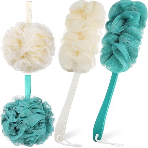Sunnyray Juego de 4 esponjas de lufa para ducha y ducha, 50 g, esponja de lufa, limpiador corporal de lufa con mango largo, accesorios de baño para cepillos corporales