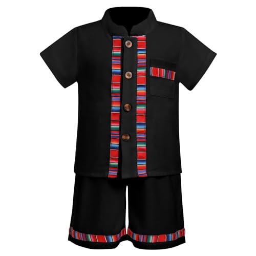 Image of ABEHIK Baby Boys Mexican Outfit Short Sleeve Embroidery Shirt Shorts Set Kids Traditional Fiesta Cinco De Mayo 2PCS Clothes