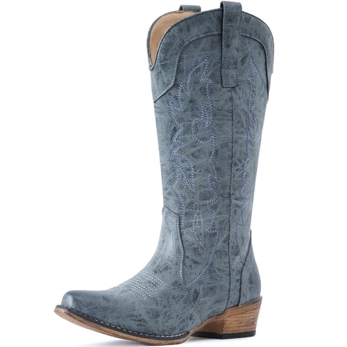 Image of IUV Cowboy Boots for Women Mid Calf Fashion Cowgirl Boots with Embroidery Western Snip Toe
