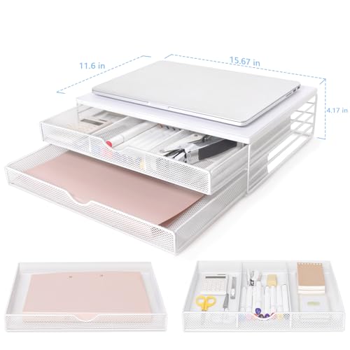 Image of ARCOBIS Wood Monitor Riser with Drawers, Mesh Metal Computer Monitor Stand Riser with Storage for Desk, Max Load Capacity 40LB, 2 Drawers, White
