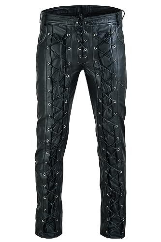 Men's Genuine Cowhide Leather Front & Back Laced Up Black Biker Pants (32" Waist for 30" 31", Black)4