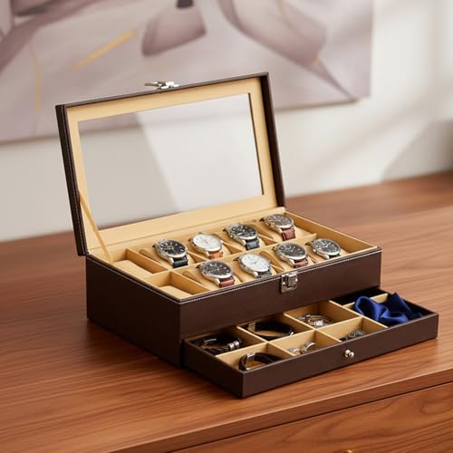 Image of Amazon Basics Sliding Drawer 12-Slot Watch and Jewelry Organizer - Faux Leather & MDF Storage Box for Men and Women, Brown
