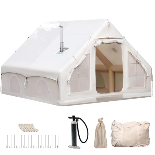 Aufblasbares Campingzelt mit Pumpe, 420D Oxford Glamping Aufblasbares Zelt für Camping mit Kaminöffnung & Dachfenster, 4 Saison Anti-UV Kabinenzelt mit Mesh Fenster & Türen für 7-12 Person