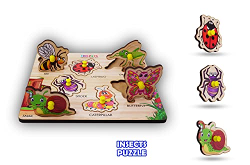 Image of Insects Wooden Puzzle - Montessori Educational Wooden Jigsaw Board for Toddlers & Kids Ages 2-5 - Early Learning Bug Identification & Fine Motor Skills Toy