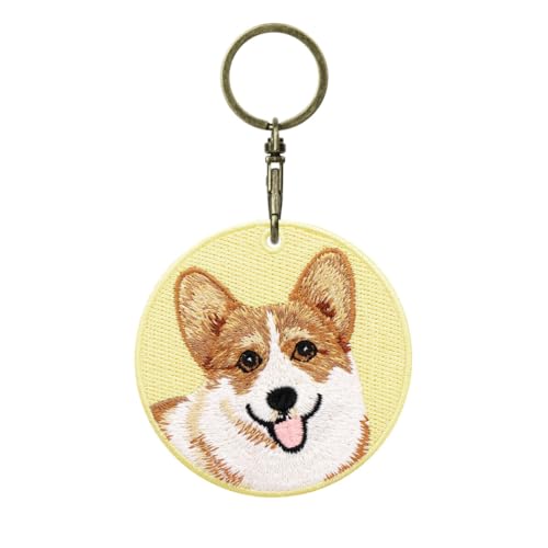 MC Fashion Round Embroidered Dog Portrait Keychain Charm (Corgi)