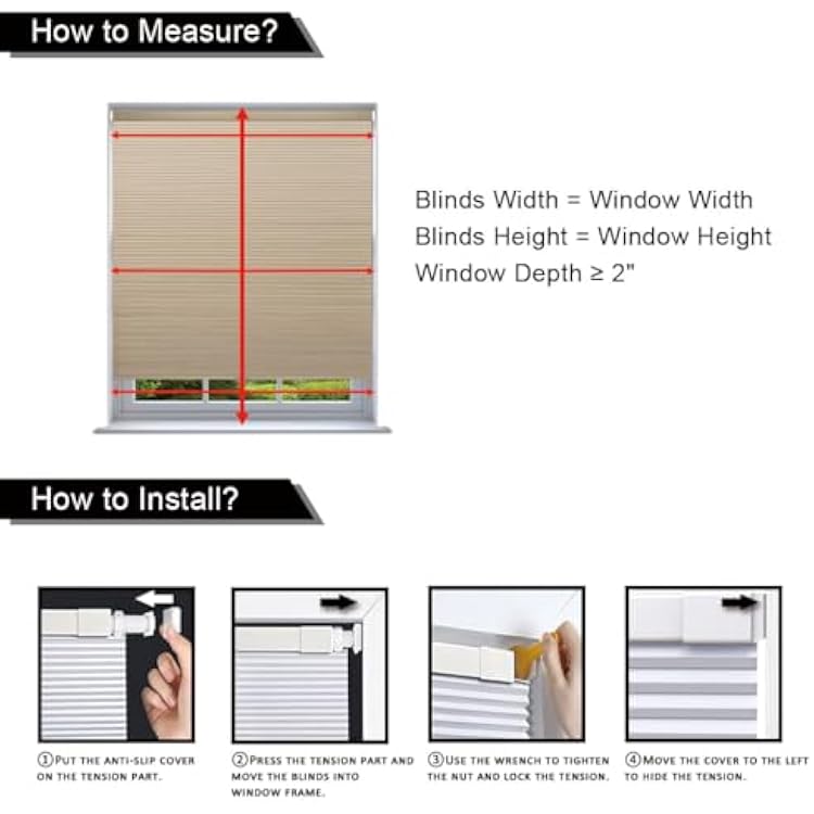 Cordless Cellular Shades No Drill No Tools Blinds Blackout Honeycomb Blinds for Windows Easy to Install Custom Cellular Blinds Privacy Window Blinds Shades, 51 1/2 W x 48 L, Blackout White