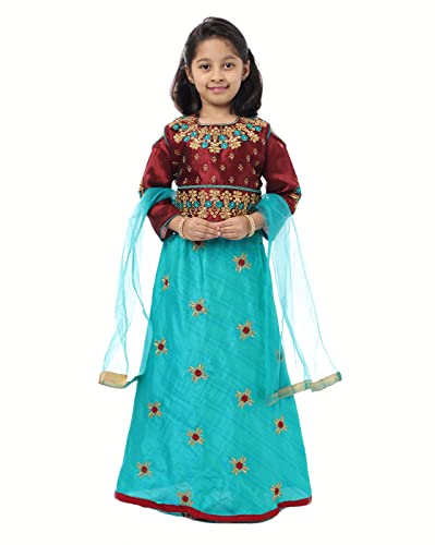 Ashwini Girls Skirt Top with Neck Embroidery Work | Readymade Indian Kids Ethnic Skirt Top Maroon