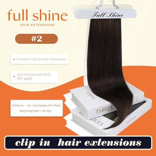 Image of Full Shine Seamless Clip in Hair Extensions Human Hair Dark Brown Real Hair Clip in Extensions Straight Invisible Brazilian Hair Extensions Clip Ins 20 Inch 120g 8 Pcs