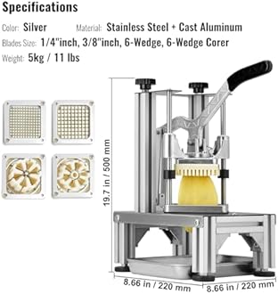 VEVOR Commercial French Fry Cutter with 4 Replacement Blades, 1/4" and 3/8" Blade Easy Dicer Chopper, 6-wedge Slicer and 6-wedge Apple Corer, Lemon Potato Cutter for French Fries with Extended Handle