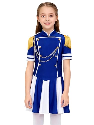 Runhomal Vestido de manga corta traje jefe de equipo tambor niña niño sombrero hombro flequillo cadena decoración vestido color espelta trajes espectáculos 5-16 años, azul real, 13-14 Años