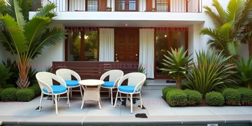 Image of India Outdoor Indoor 4+1 Piece All Weather Wicker Patio Chair and Table Set with Iron Frame for Balcony Garden Poolside Deck (Cream with Blue Cushion)