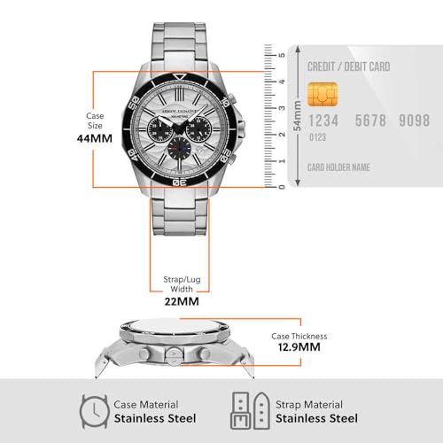 Image of Armani Exchange Silver Tone Watch for Men, Quartz Chronograph Movement and 44mm Case Size with Stainless Steel Strap