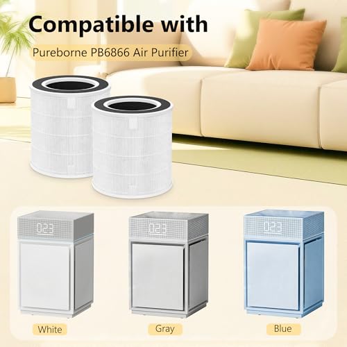 Image of 2-Pack PB6866 Replacement Filters Compatible with Pureborne Air Purifier, 3-Layer H13 True HEPA Filter System with Activated Carbon