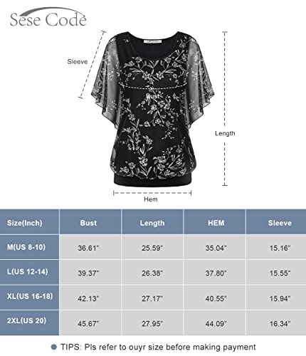 Sese Code Black Blouses For Women Chiffon Short Sleeve Batwing Crew Neck Shirts Dressy Tops For Evening Wear Floral Blouse Xl #TOP4
