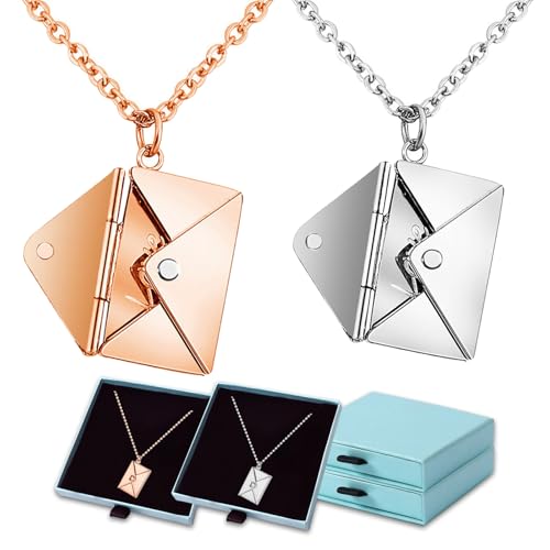 Floatdream 2 PCS Collana con Ciondolo a Forma di Busta, Collana con Busta per Coppie, Collana Donna Busta Acciaio, Ciondolo dal Design Letterario con Lettere Inglesi (Oro Rosa, Argento)