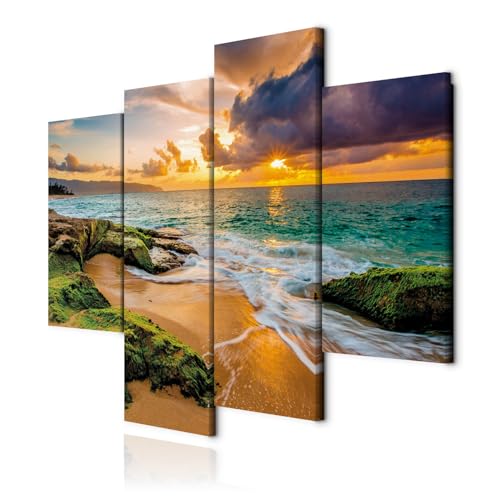 decomonkey Cuadro Lienzo Mar 126x98 cm 4 piezas Impresión Decoración Cuadro De Pared Material Tejido no Tejido Gráfica Foto Salon Naturaleza Paisaje Playa Arena Nubes Sol Verde Azul Beige