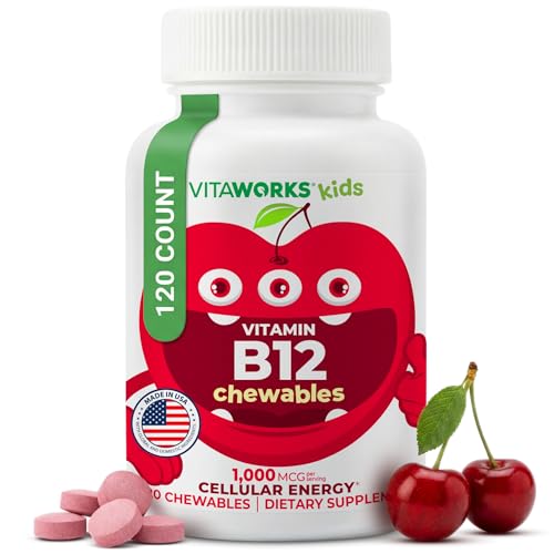 VitaWorks Kids Vitamin B12 1000 mcg Chewable Tablets - Tasty Natural Cherry Flavor - Vegan, GMO-Free, Gluten Free, Nut Free - Dietary Supplement - Cellular Energy Vitamins for Children - 120 Chewables