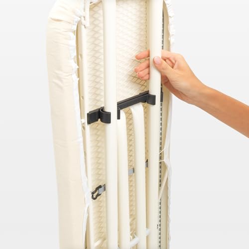 Image of Brabantia Compact Ironing Board with Left /Right Adjustable Steam Iron Rest | Small (Size A) | Fairtrade Denim Blue Cover | Adjustable Height (27-38 inch), Easy Fold, Anti-Collapse Lock, Non-Slip Feet