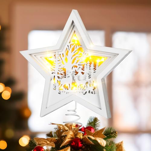 Beeveer Christmas Reindeer Tree Topper Lighted Wooden Rustic Star Wonderland Tree Decor White Hollow Star Deer Forest LED 3D Christmas Ornament for Winter Christmas Tree Decoration, 10 x 8.7 Inch