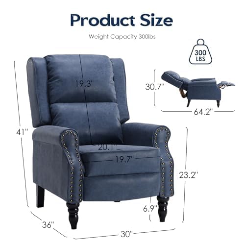 Image of Leather Recliner Chair with Adjustable Backrest & Footrest, Blue