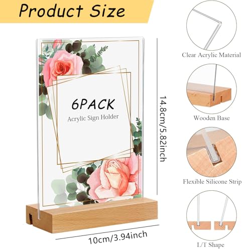 Taicols 6 Stück Tischaufsteller A6, Acryl Dualer Kartensteckplatz Tischständer mit Holzfuß, Preisschilder Menükarten Aufsteller, Hochformat Doppelseitiger Displayständer für Restaurants, Cafés, Büros