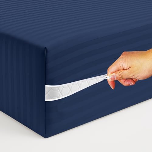 Image of Cloth Fusion Glace Cotton Mattress Cover King Size with Zipper (75x72 inches, Navy)