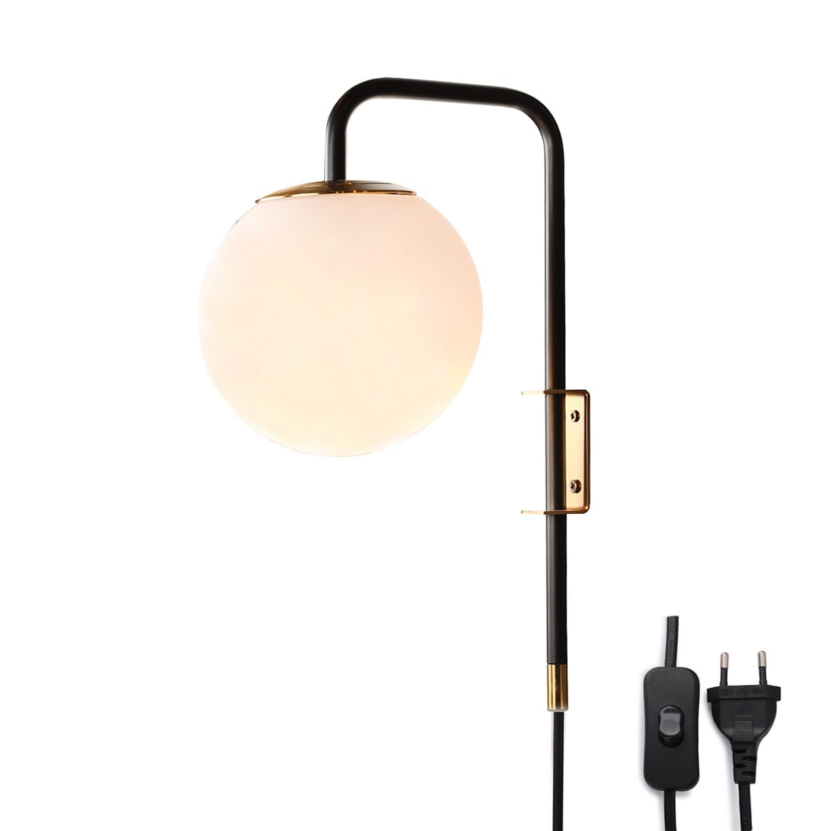 Alpinaluz Aplique de Pared con Cable Enchufe y Pantalla de Bola Giratoria, Soporte de Aluminio en Dorado y Negro para Salón, Comedor, Dormitorio, Mesita de Noche