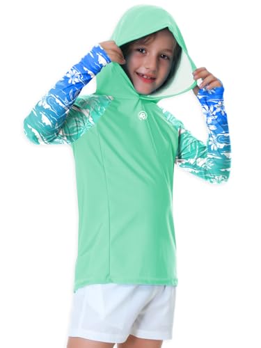 Image of AOBUTE Unisex Kids Long Sleeve Hoodie Rash Guard Boys UPF 50+ Swim Top with Thumb Hole 3-12 Years