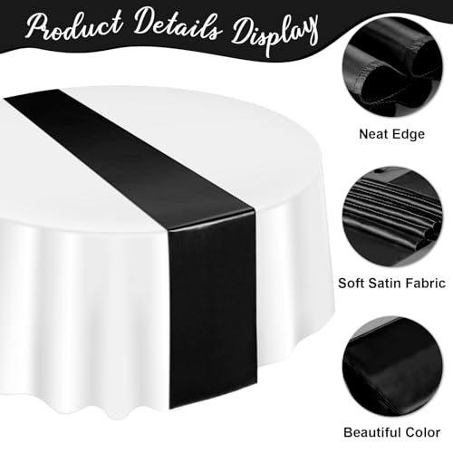 Image of 12Pack 12x108 Inch Satin Table Runner and 84 Inch Round Plastic Tablecloths White and Black Disposable Round Table Cover for Graduation Wedding Bridal Shower Anniversary Birthday Party Decorations