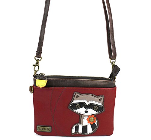 CHALA Mini Crossbody Handbag, Multi Zipper, Pu Leather, Small Shoulder Purse Adjustable Strap - Raccoon - Burgundy2