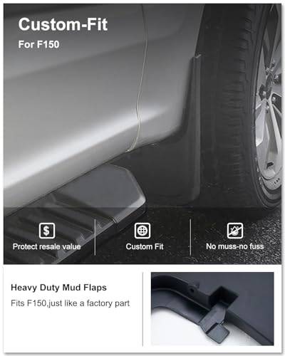 Image of Kiwi Master Mud Flaps for 2015-2020 Ford F-150 (with OEM Fender Flares), OEM Replacement # FL3Z-16A550-AA, FL3Z-16A550-BA, Heavy Duty Mud Guards, Front & Rear Splash Guards, No Drill, 4 Pcs Set