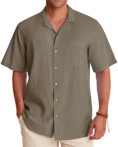 Image of Alimens & Gentle Mens Linen Shirts Cotton Hawaiian Shirts Short Sleeve Button Down Shirts Casual Summer Beach Tops
