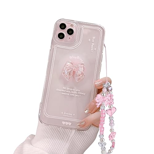 Ownest Compatible with iPhone 11 Pro Max Case, Cute 3D Pink Bowknot Slim Clear Aesthetic Design Women Girls Sparkly Protective Phone Cases for iPhone 11 Pro Max + Glitter Crystal Chain