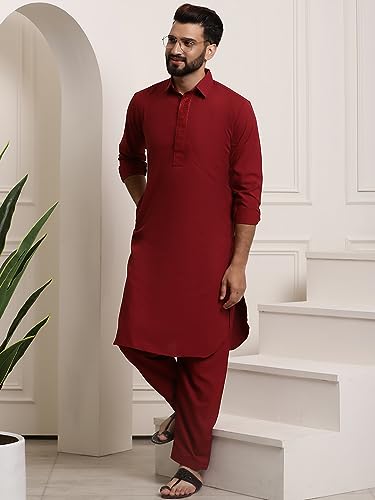Image of SOJANYA Men's Cotton Silk Pathani Kurta Set with Wide Leg Straight Fit Salwar