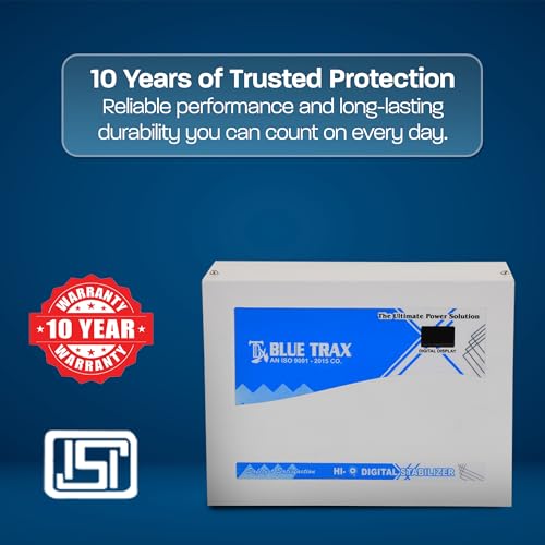 Image of BLUETRAX 5 KVA 4000W Copper Voltage Stabilizer | 140V-300V | Hanging | Automatic Digital | for 2 Ton AC & 2HP Pump | ISI Certified | 10 Years Warranty | Grey