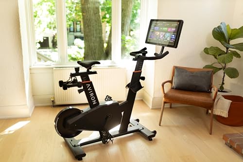 Image of Aviron Fit Bike Touring Edition with 22 inch HD Touchscreen. Access to Game-Based Workouts, Streaming, and Classes. 1500W Electromagnetic Resistance, Freewheel, Compact Design, Black