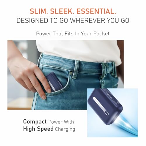 Image of Muvtech Zip 10 Pocket Size 10000mAh Mini Power Bank, 22.5W Fast Charging, Dual Output USB-A & Type-C Ports, Compact Pocket Size, LED Indicators, Travel Friendly, Portable (Blue)