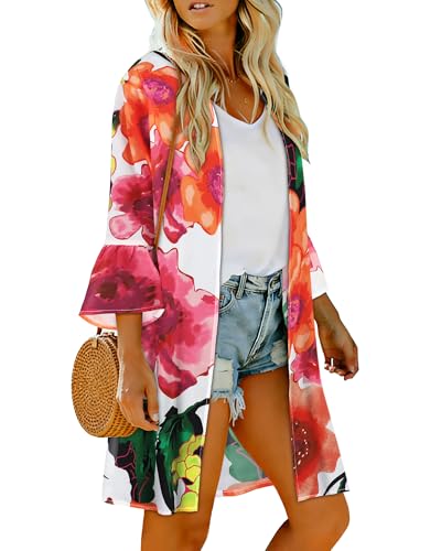 Image of Womens Kimono Summer Puff Sleeve Cardigan Casual Beach Cover Ups Swimwear